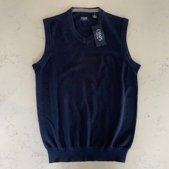 Chaps Sporty Preppy V Neck Knit 100% Cotton Sweater Vest Newport Blue Sz S NWT - Picture 2 of 15